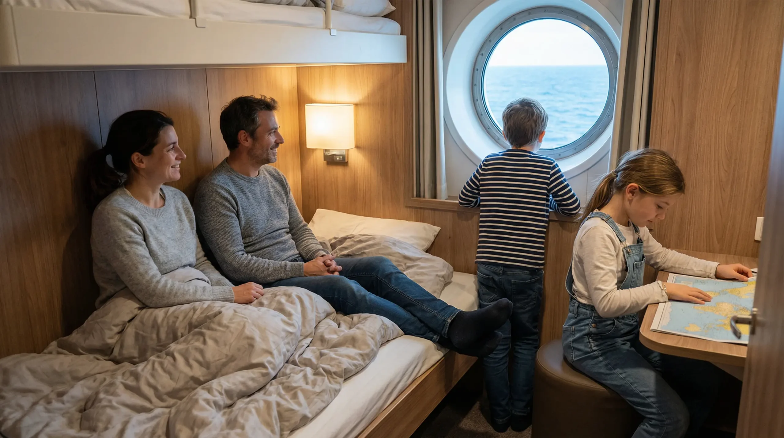 Famille européenne détendue dans une cabine de ferry vers la Corse