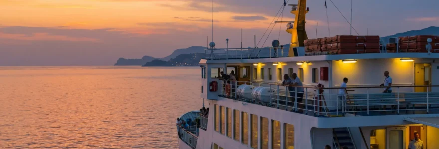 Ferry naviguant vers la Corse au crépuscule sur mer Méditerranée calme