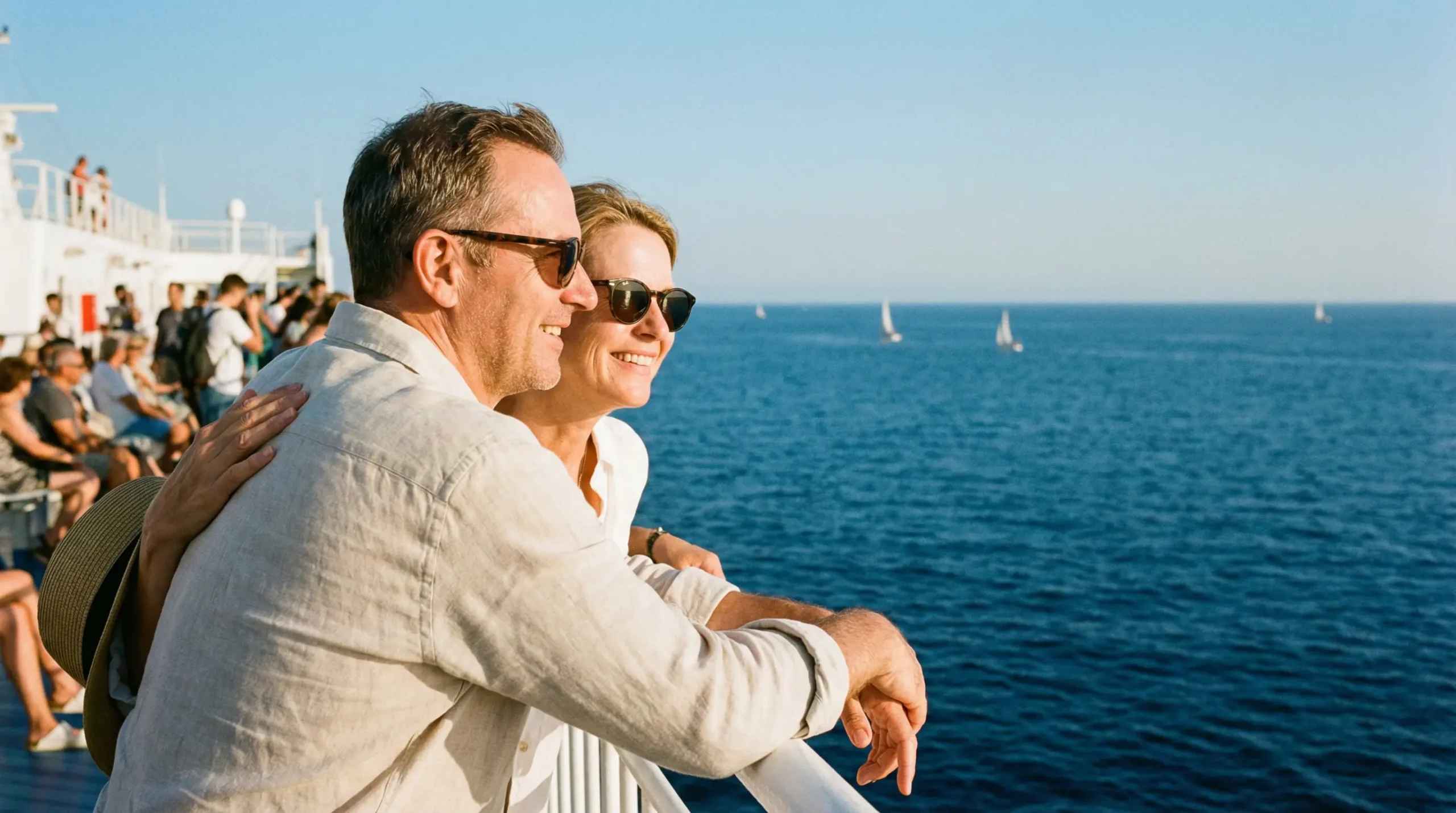Voyageurs profitant du pont extérieur d'un ferry en journée vers la Corse